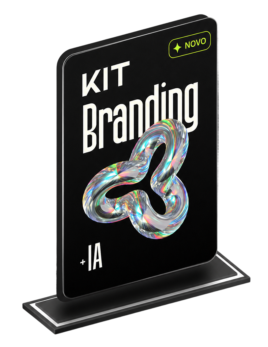 Mockup do KIT Branding 5.0: placa preta com texto branco, selo Novo e símbolo iridescente.