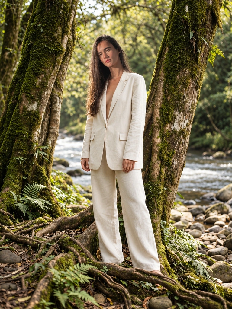 Monique Lopes em um cenário de natureza, usando um conjunto branco.